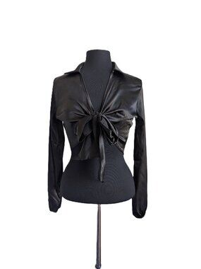 JULIA BY LOVE J Black Satin Tie Front Bow Blouse | Small
